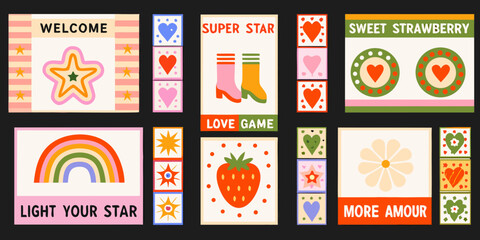 Fototapeta premium Retro Card Collection Colorful Illustrations With Decorative Elements
