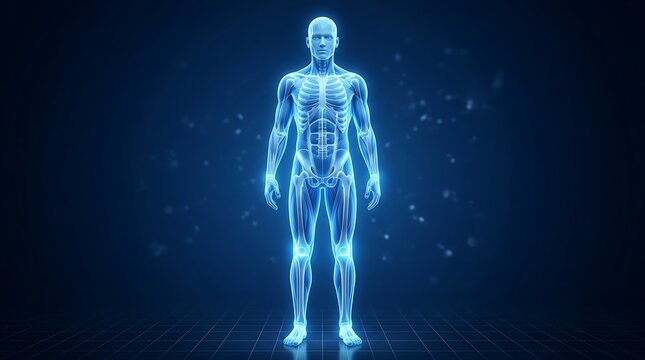 3D Human Figure with Digital Circuitry in Dark Blue Futuristic Environment