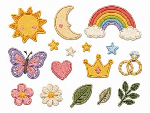Embroidered sticker patches collection with sun moon rainbow butterfly heart crown and leaf.