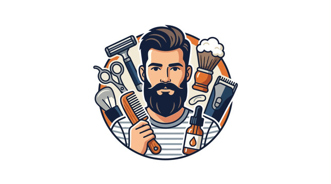 Barber Shop Logo with Bearded Man and Grooming Tools