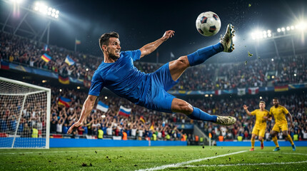 Naklejka premium Professional football player performing a spectacular bicycle kick goal in a crowded stadium at night