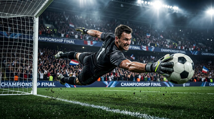 Naklejka premium Professional Goalkeeper Diving to Save Goal in Dramatic Football Match Under Stadium Lights