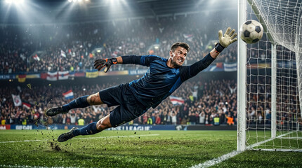 Naklejka premium Professional goalkeeper diving to save a soccer ball during a high stakes match in a crowded stadium at night with bright floodlights