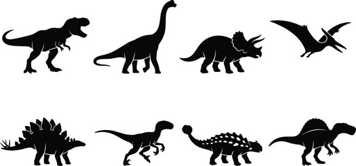 Dinosaur Silhouette Collection Featuring Prehistoric Reptiles and Flying Pterosaur Species © Amina