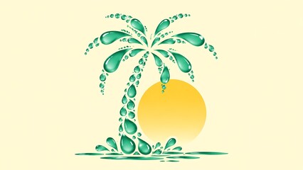 Obraz premium Water droplets on palm tree, tropical summer background, green palm tree with water drops, sunny yellow background