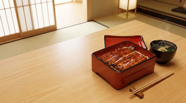 Premium unaju bento box served with clear soup and chopsticks on a clean wooden table inside a bright tatami room