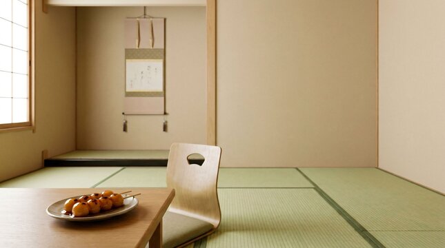 Traditional mitarashi dango skewers on a ceramic plate over a wooden table inside a bright minimalist tatami room