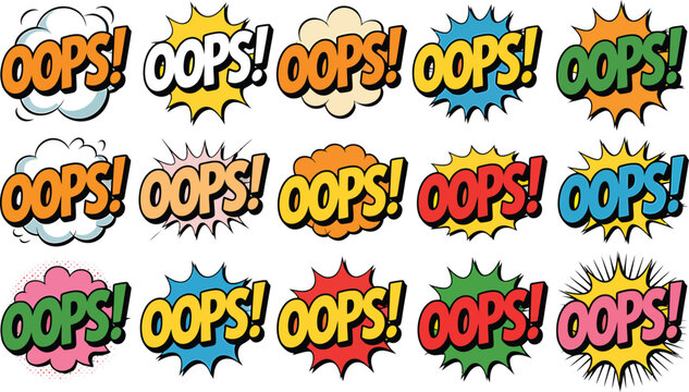 Large collection of colorful oops comic text bubbles in various shapes and vibrant hues including red yellow blue green orange pink for funny pop art cartoon stickers.