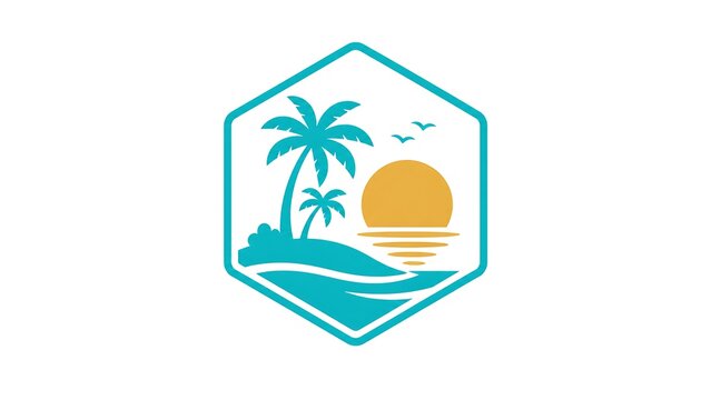Tropical island logo, palm tree sunset emblem, hexagon shape icon, beach vacation symbol