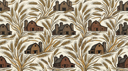 Vintage Folk Art Seamless Pattern Featuring Golden Wheat Stalks, Rustic Brown Barns And Grain Silos On A Textured Tile Background, Perfect For Heritage Textile Or DéCor Vector Illustration © last