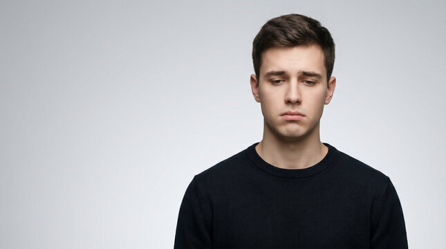 Sad and depressed young man looking down with disappointed facial expression,
