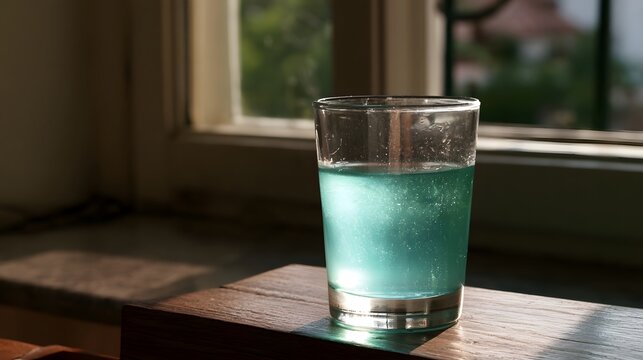 A refreshing beverage is bathed in natural window light evoking a feeling of hyd n and summer tranquility