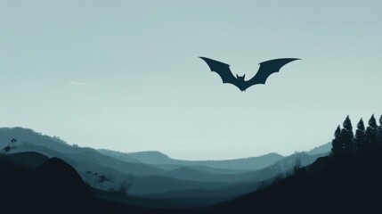 Fototapeta premium Bat Silhouette Flying Over Distant Mountains