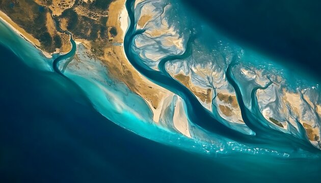 Aerial view of coastal estuary delta with turquoise water and sandy landforms.