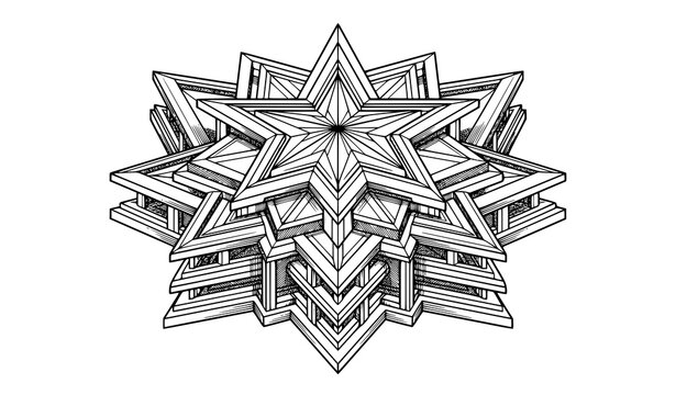 Isometric magic star line icon with three dimensional technical linear perspective for tech logo design