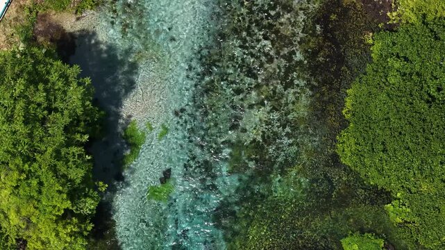 Aerial view of the crystal clear turquoise water of the Blue Eye spring surrounded by dense green vegetation in Finiq, Vlore County, Albania.