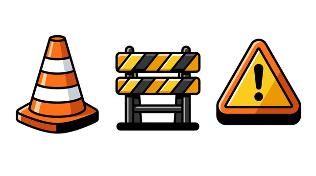 Set of construction warning signs including an orange traffic cone, striped barricade, and yellow caution sign with exclamation mark