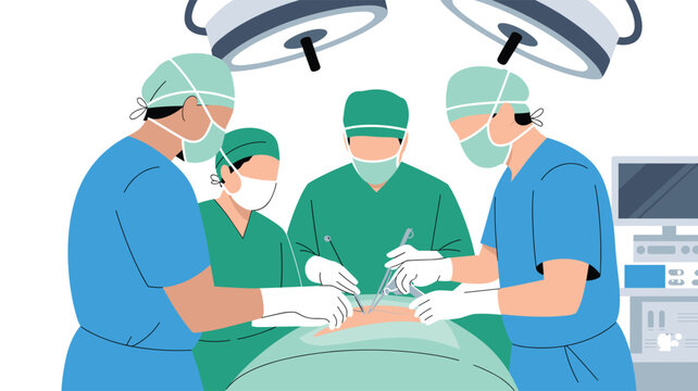 Professional surgeons in scrubs perform a meticulous operation under bright surgical lights within a sterile medical operating room setting.