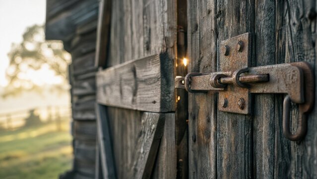 Weathered wooden barn door with aged metal hasps in morning light.