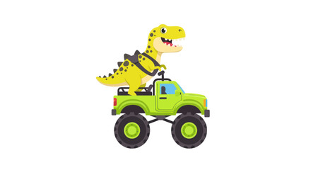 Cute yellow t-rex standing on a lime green monster truck © mirzal