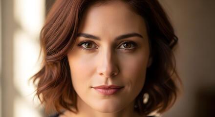 Fototapeta premium Close-up portrait of beautiful woman with warm smile and striking brown eyes looking directly at camera.