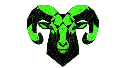 Geometric ram head with neon green and black polygonal mesh © mirzal