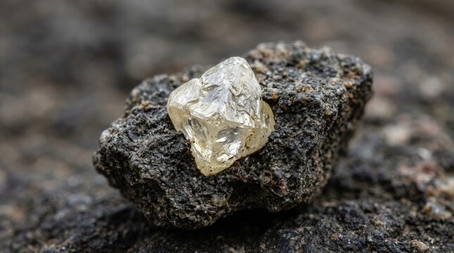 Raw diamond crystal embedded in dark volcanic rock matrix. Uncut gemstone mineral discovery from kimberlite pipe. Geology and wealth concept. Natural formation of precious stone.