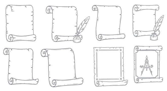 Antique parchment scrolls with quill pen and inkwell sketch