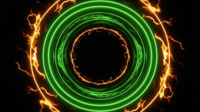Energetic green neon ring portal swirls with fiery aura on black background, circle 4k
