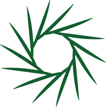 Green Spiral Logo: A circular design resembling a stylized flower or sunburst, created with sharp, dark green petals or leaves emanating from a central void.