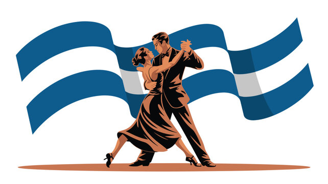 A couple performs an elegant tango dance in front of a large, flowing blue and white flag against a clean, minimalist white background area.