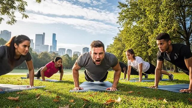 Group of people doing push-ups outdoors in a park with a city skyline.