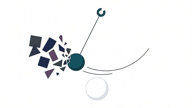 Minimalist flat vector illustration of a swinging pendulum wrecking ball smashing into geometric shapes, representing disruptive innovation and breaking barriers
