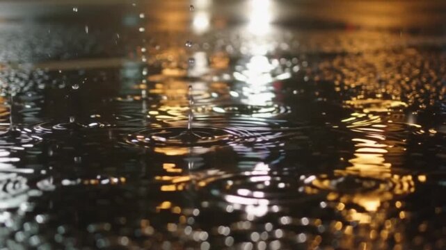 Raindrops falling into a puddle on a city road with car light reflections (AI Generated)