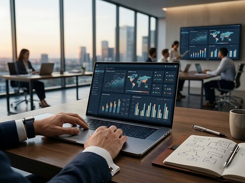 Businessman working on laptop in office.