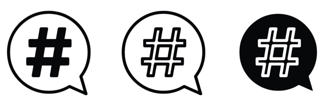 Hashtag social media icons in speech bubbles for online communication and networking