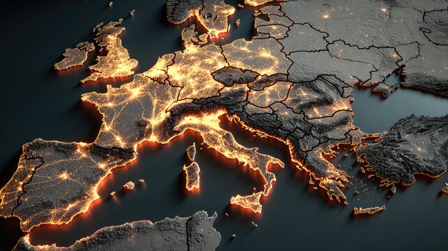 Europe illuminated at night showing population density and urban centers.