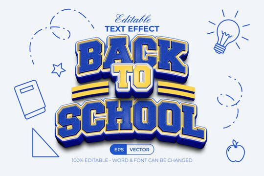 Back To School Text Effect 3D Curved Style. Editable Text Effect With Doodle Elements.
