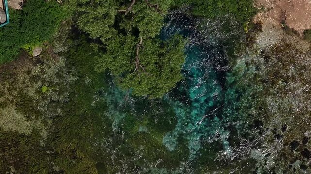 Aerial view of the Blue Eye natural spring with crystal clear turquoise water surrounded by lush green trees and vegetation in Finiq, Vlore County, Albania.