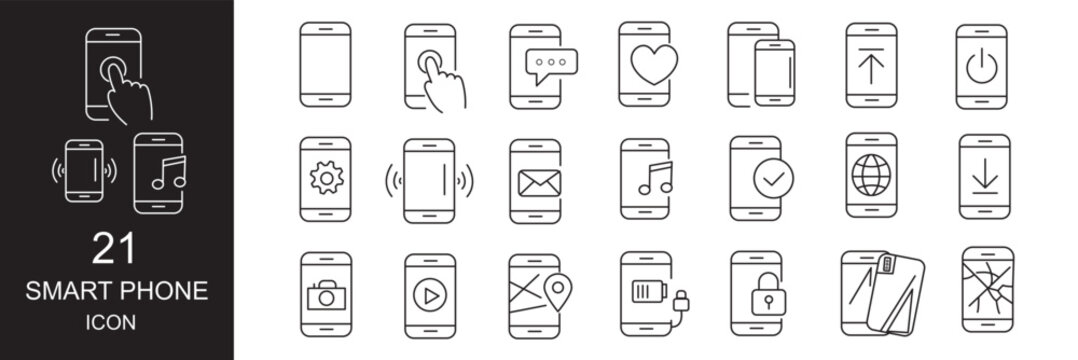 Minimalist Smartphone outline icons set with editable stroke. featuring icons of various Smartphone function and notifications. thin linear illustration.