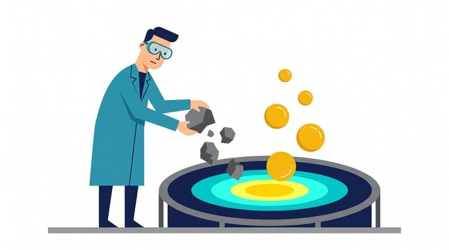 Flat vector illustration of a scientist transforming raw rocks into gold coins using a glowing reactor, representing value creation and modern alchemy