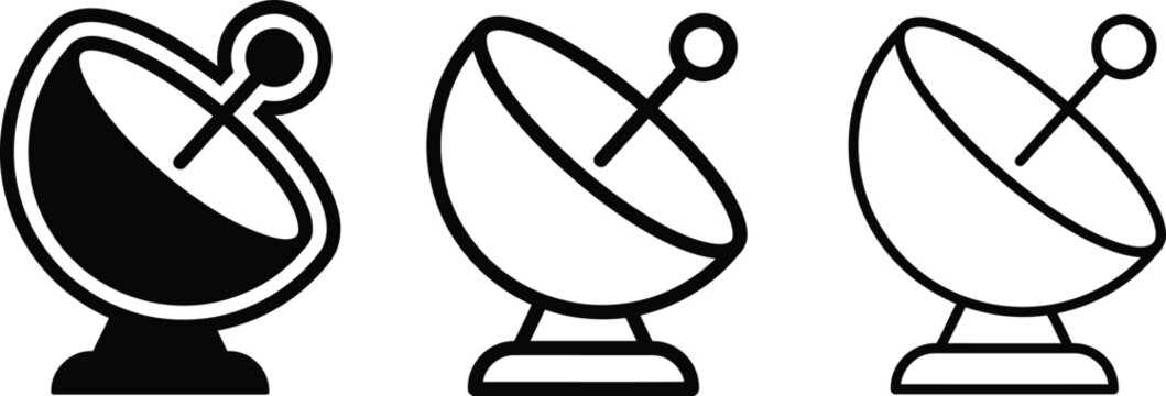 Satellite dish icon set black silhouette line art and outline versions for communication technology graphics