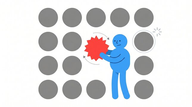 Minimalist flat vector illustration of a blue character trying to fit a red spiky shape into a grey circular grid, representing the concept of a misfit and problem solving