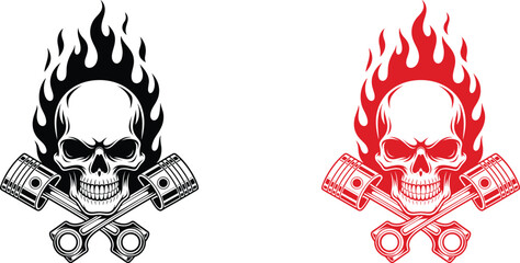 Black and Red Skull with Flames and Crossed Pistons Vector Graphics on White Background Keywords: skull, flames, fire, pistons, engine, motor, motorcycle, biker, grunge © QueenMomtaz 