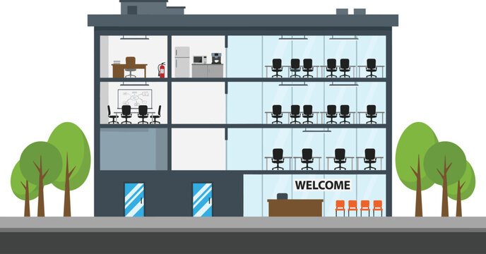 Office building cross section infographic showing workspace departments reception meeting room and open space vector illustration