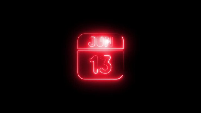 Glowing neon calendar june 13th date sign animation