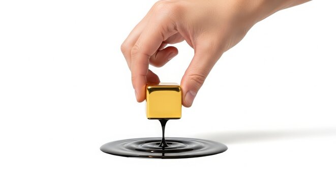 Golden cube dripping black viscous liquid into a ripple on a white surface with a hand holding the cube