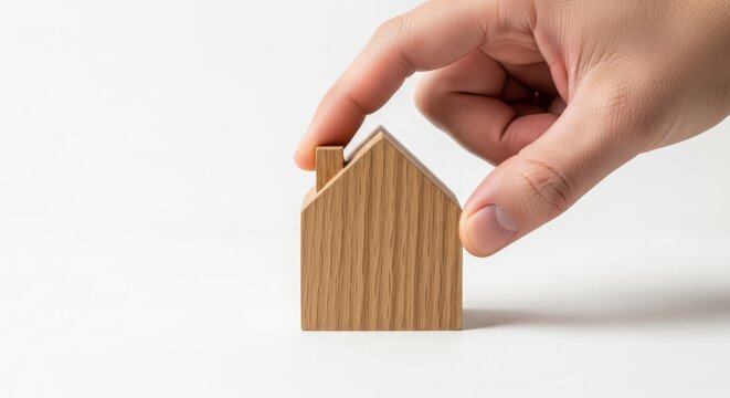 Hand holds a miniature wooden house symbol, representing real estate investment and home ownership