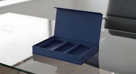 Fototapeta premium Empty blue gift box with open lid on a reflective glass table, ready for product presentation or special occasion packaging.