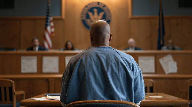 Parole board hearing room with inmate in civilian clothes seated across from five board members at elevated panel desk with rehabilitation certificates personal letters and